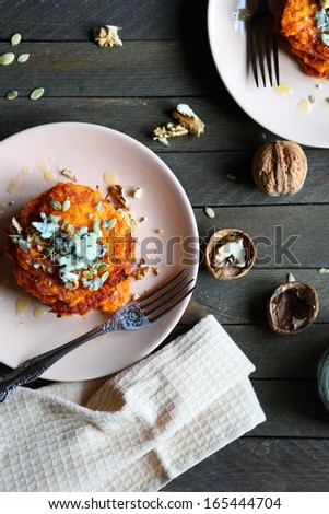 Delicious Rustic Pumpkin Pancakes, Top View, Food