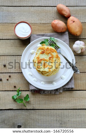 potato pancakes on a plate, top view, food closeup