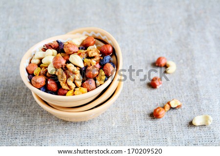 Mix Nuts - Walnuts, Hazelnuts, Almonds, Raisins, Food Closeup