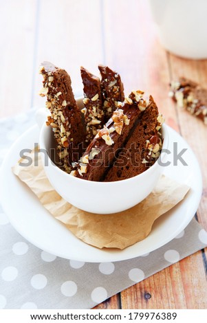 crunchy chocolate cookies fingers, food closeup