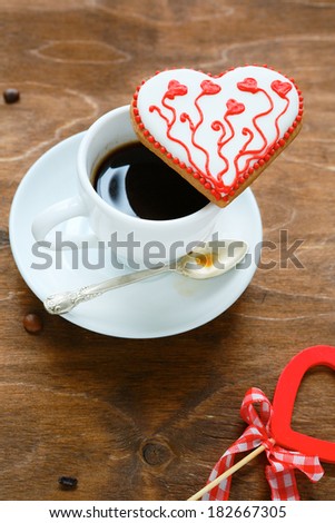 cup of coffee and cookies heart, food and holiday