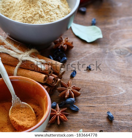 spices - cinnamon, ginger, anise, food closeup