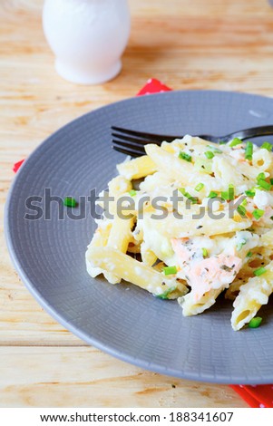 penne pasta with salmon, food closeup