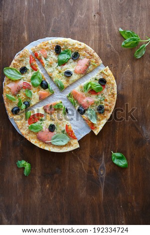 pizza with smoked salmon, food closeup