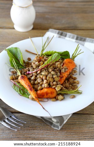 Boiled green lentils and carrots, top view