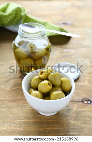 Pickled olives in a bowl, healthy food,