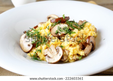 Millet porridge with mushrooms, food closeup
