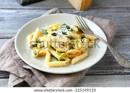 Tasty pasta with cheese and onions on a white plate, italian food