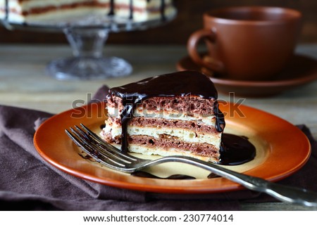 Piece of cake with hot chocolate, sweet food