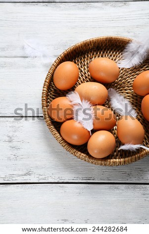 Eggs and feather on tray, food