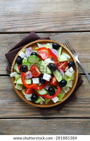Greek salad top view, fresh food