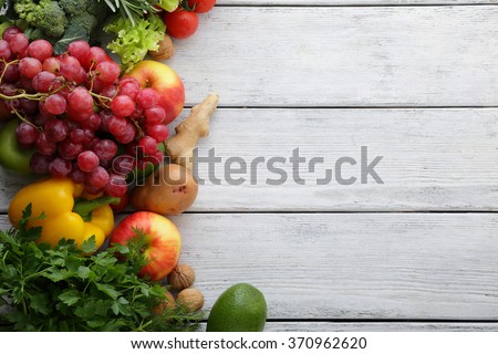 vegetables and fruits on white boards, food top