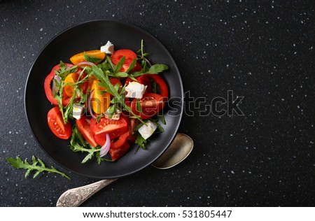 Healthy salad on plate, food top view