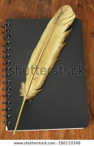 Gold firebird quill pen on a black diary