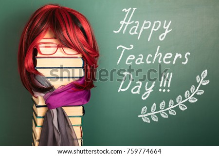Happy teachers day funny education concept with Beautiful Teacher Girl with Luxurious Red Hair