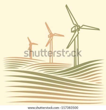 Field With Wind Turbines Generating Electricity Stock Vector 