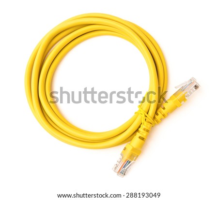 top view yellow RJ45 computer network connecting cable on white with clipping path