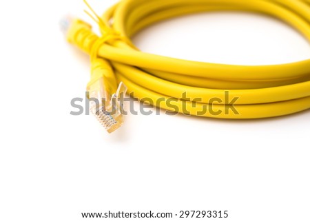 yellow RJ45 computer network connecting cable on white with clipping path
