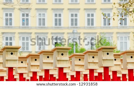Many birdhouses as art object and house facade