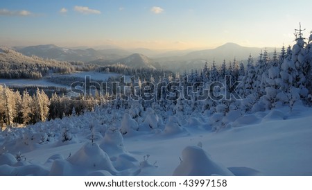 Winter landscape with frozen trees and forest on the horizon on a sunny winter day near a cross country track at the Turmkogel mountain near Puchenstuben in Lower Austria with Oetscher