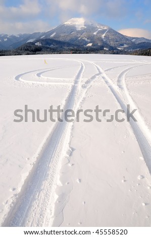 Winter landscape at the airport in Mariazell in the region of Steiermark in Austria with the mountain Gemeindealpe in the background