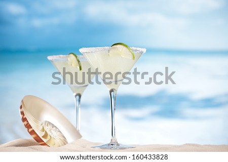 Margarita Cocktail On Beach, Blue Sea And Sky Background