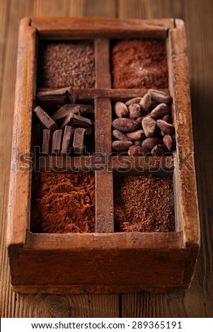 old spicy box full of chocolate - cocoa and sugar, cocoa beans, grated chocolate, hot chocolate flakes, solid pieces, dark cocoa powder