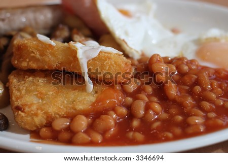 English Breakfast - Hash browns and baked beans close-up