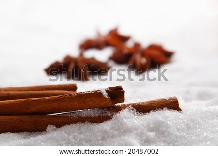 cinnamon barks in white sugar with three anise star on background, shallow DOF