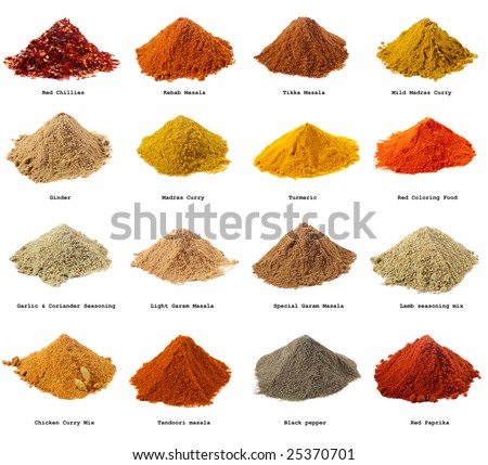 sixteen piles of Indian powder spices with its names isolated on white