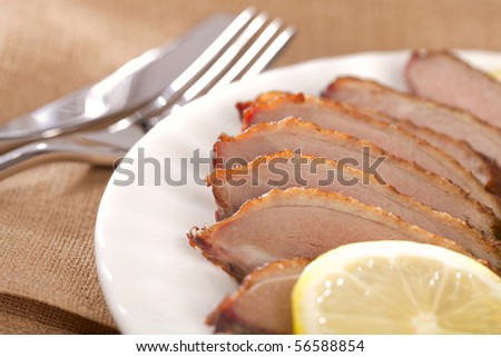 smoked  duck breast meat fillet,  sliced, served