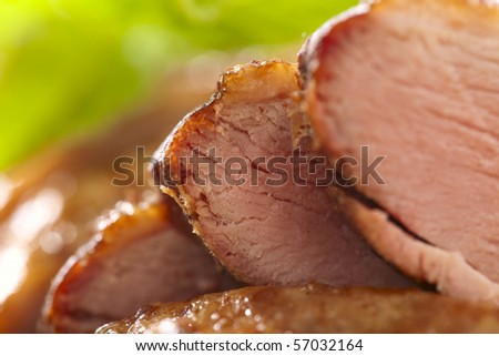 smoked  duck breast fillet,  sliced, closeup