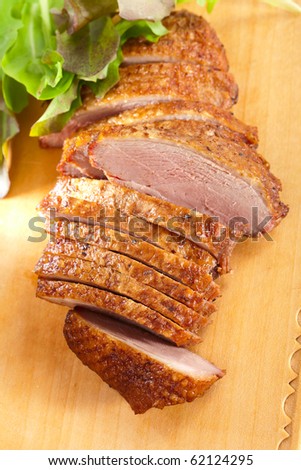 smoked  duck breast meat fillet,  sliced