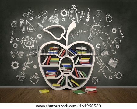 book shelf in form of apple and drawing concept, 3d