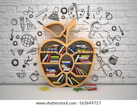 book shelf in form of apple and drawing concept, 3d