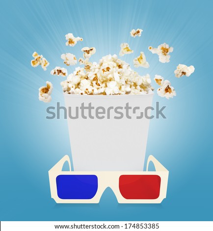 popcorn with glasses  blue background