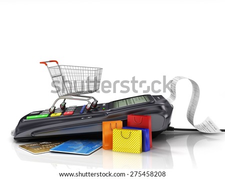 Payment terminal with credit card, shopping cart and shopping bag on white background, credit card reader, sales concept.