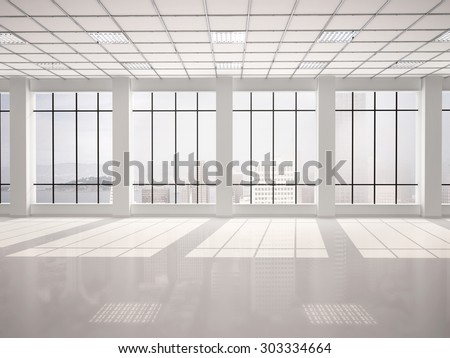 3d illustration of empty office with large windows