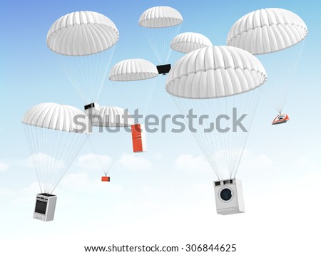 Concept of big sales. Technique on the parachute falling in the sky.