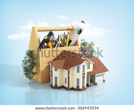 Concept of repair house. Repair and construction of the house. Tool box near a house with trees on the blue background with clouds.