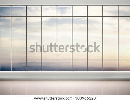 3d illustration of empty office with large windows