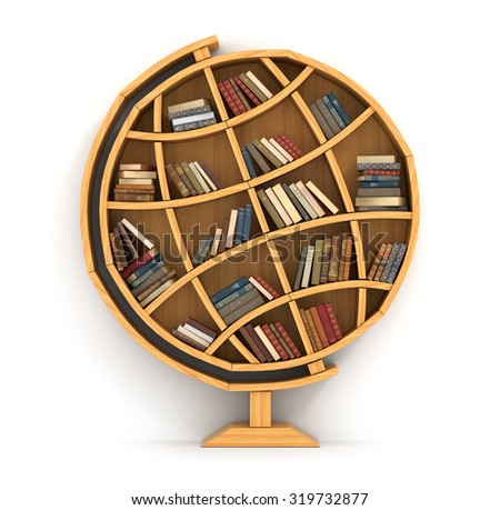 Concept of training. Wooden bookshelf in form of globe. Science about locality. Geography. A human have more knowledge.