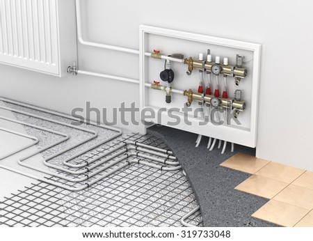Underfloor heating with collector and radiator in the room. Concept of technology heating. The order of layers in the floor.