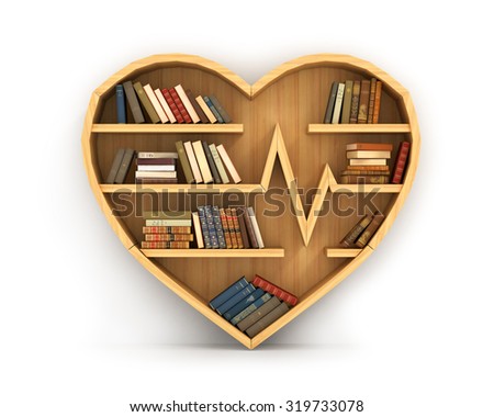 Concept of training. Wooden bookshelf in form of heart. Science about human. Medicine. A human have more knowledge about health. The library of knowledge about medicine. Cardiology.