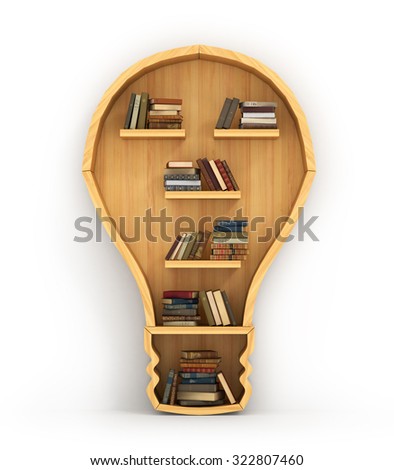 Concept of training. Wooden bookshelf in form of bulb. Idea is based on knowledge. Psychology. A human have more knowledge.
