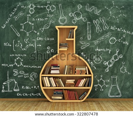 Concept of chemistry. Bookshelf full of books in form of test-tube with chemistry draw on whiteboard.