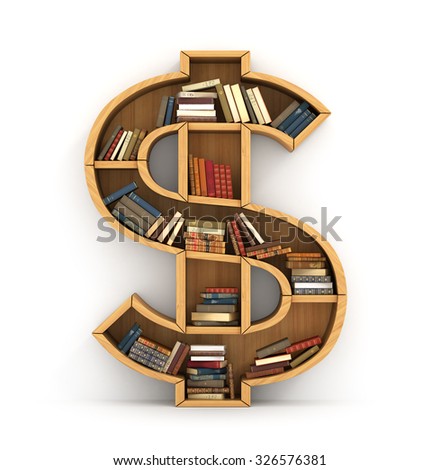 Concept of money. Wooden bookshelf full of books in form of dollar sign. The literature about money. Learning economy. A human have more knowledge.