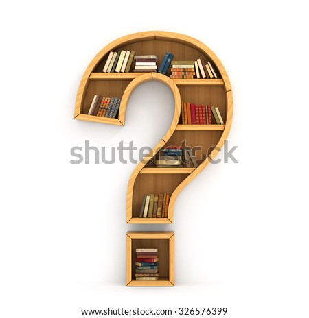 Have a question. Concept of FAQ. Bookshelf full of books in form of question sign on a white background. The people have more knowledge.