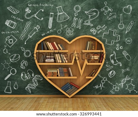 Concept of training. Wooden bookshelf full of books in form of heart on the blackboard background with medicine drawings. Science about human. Medicine. A human have more knowledge about health.