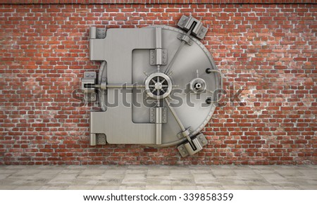 The metallic bank vault door on the brick wall. Concept of safety.